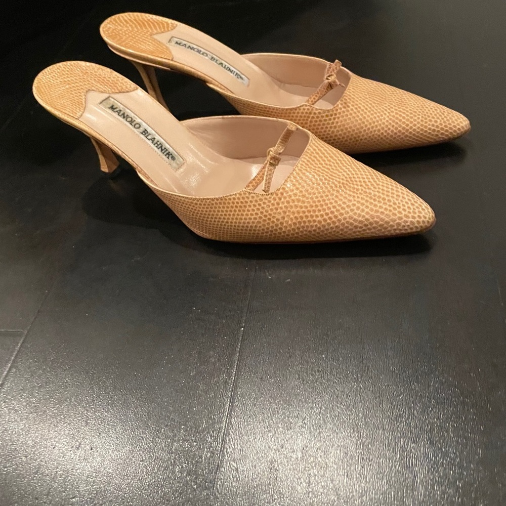 Manolo Blahnik cream crocodile mules